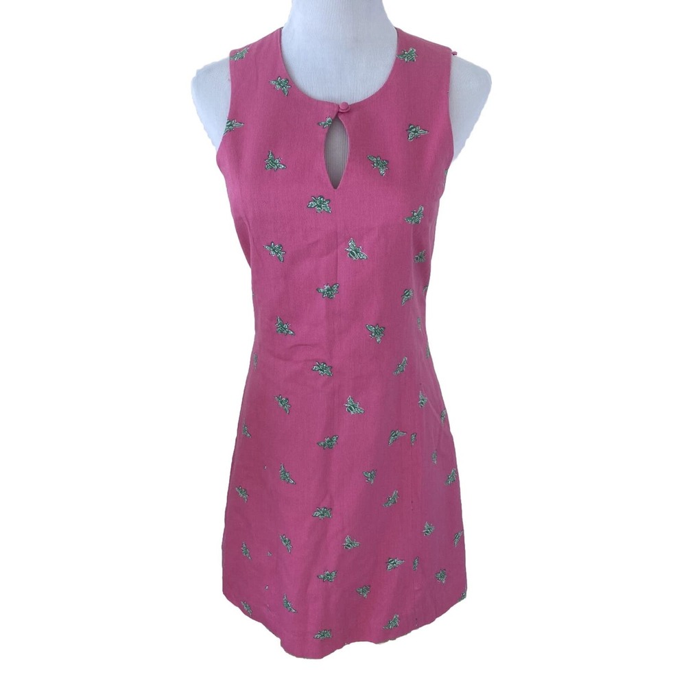 Lily Pulitzer Shift Dress Green Bees Pink Fabric Keyhole Front Size 4 Sleeveless